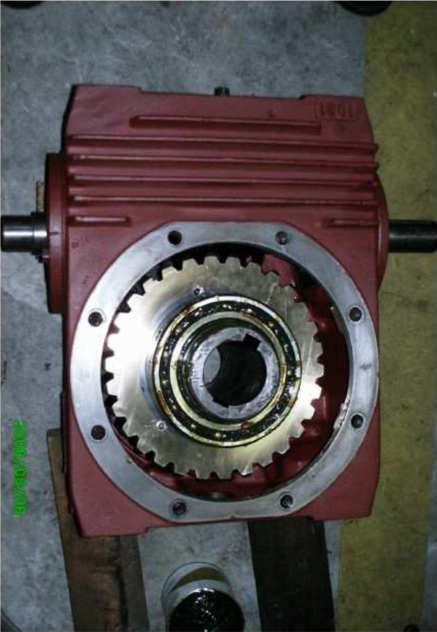 Worm gearbox opened to show the bronze worm wheel