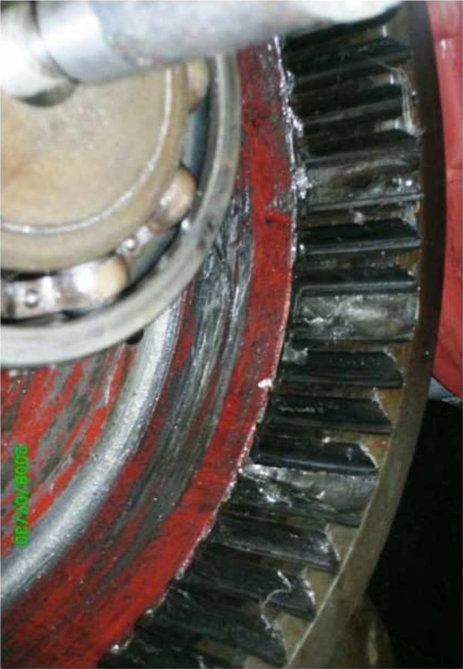 Worn ring gear assessed during gearbox inspection